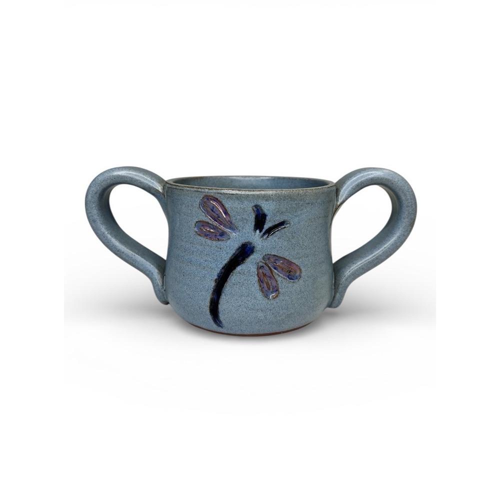 MUDWORKS‎ Studio Pottery DRAGONFLY Double Handled Soup Mug Bowl Blue USA Purple